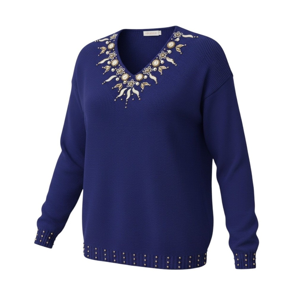 Vintage Embellished V Neck Knit Sweater Tunic Studded Granny Grandmacore Retro